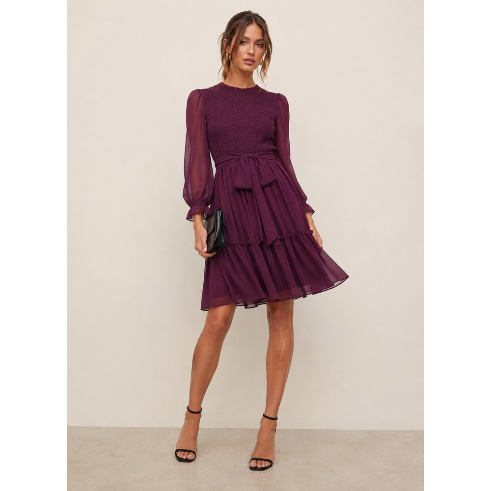 Rachel Parcell Smocked Chiffon Dress PURPLE NECTAR RUFFLE Women Small FEMININE